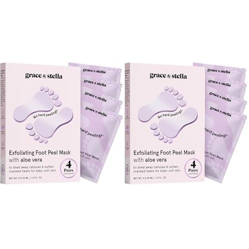 grace & stella Award-Winning Foot Peel Mask - Foot Peeling Mask with Aloe Vera - Moisturizing Foot Mask for Dry Cracked Feet - Foot Exfoliator for Baby Soft Feet (4 Pairs, Lavender) (Pack of 2)