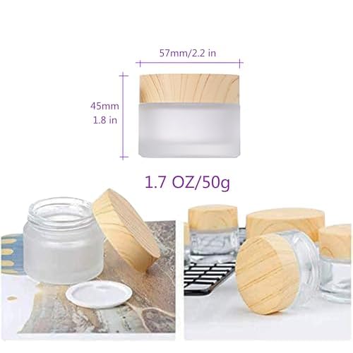 8 Pack 50 Gram/50 ml Round Empty Jars Frosted Glass Bottle Cosmetic Cream Jar Wood Grain Lid Cosmetic Container Glass Cream Box Refillable Lotion Cream Pot Jars for Makeup Lip Balm Eyeshadow