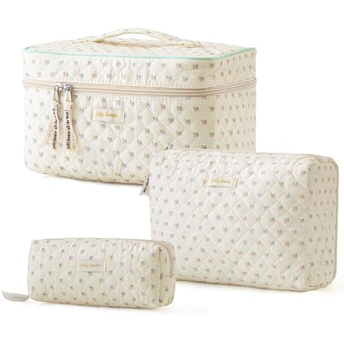 HBselect Quilted Makeup Bag Set, 3-Piece Cotton Travel Organizer