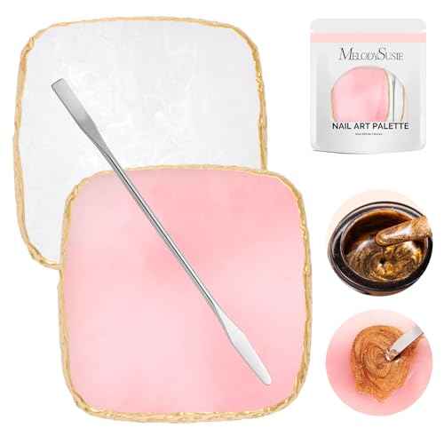 MelodySusie 2PCS Square Shape Resin Nail Art Palette Set with Stainless Steel Mixing Stick, Professional Color Mixing Board for Gel Polish, Acrylics, Pigment Blending, Salon and DIY Makeup Tool