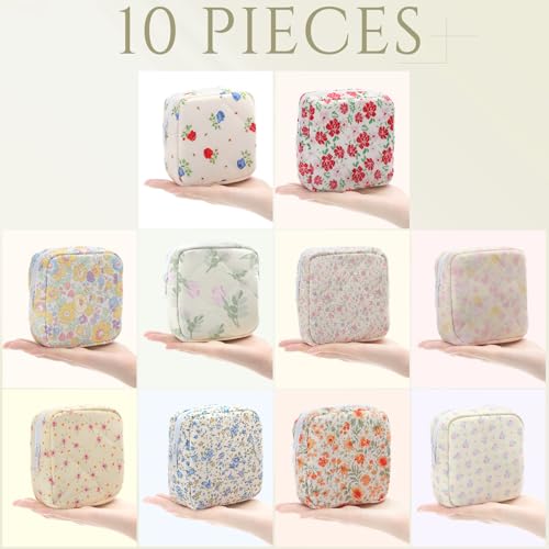 Paterr 10 Pcs Quilted Makeup Bag Bulk Cotton Floral Cosmetic Bag Women Girls Bridesmaid Gifts Cute Makeup Pouch Coquette Aesthetic Travel Toiletry Organizer(Floral Style,5.12 x 4.72 x 1.97 Inches)