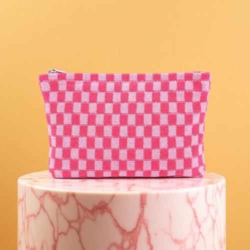 24 PACK Checkered Makeup Bags Bulk-Easter Gifts/Bulk Cosmetic Bags/Large Bridesmaid Gifts/Makeup Pouch for Wedding Party Favors Birthday/Teacher/Mothers Day Gifts/Toiletry Travel Bags (24, Pink)