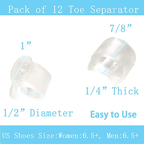 MENOCADY Clear Gel Toe Separator Pack of 12 - Big Toe Spacers for Bunions, Overlapping Toes, and Toe Corrector (1/4" Thick)