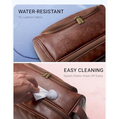 Elviros Toiletry Bag for Mens PU Leather Travel Organizer Kit with Hanging hook, Large Water-resistant Toiletries Bathroom Shaving Bag, Gift For Men (Dark Brown)