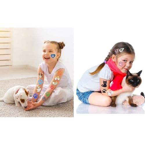 CupaPlay 440PCS Dog Cat Themed Temporary Tattoos Party Supplies Decorations Pets Dog Paw Print Baby Shower Birthday Party Favors Tattoos(30 Sheets)