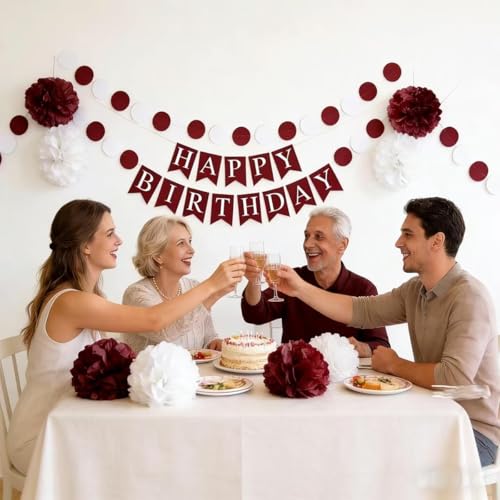 Burgundy Maroon Party Decorations Set - 8pcs Hanging Garland & Pom Poms