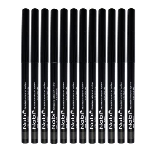 Beauty Spot (12pcs) Nabi Retractable Waterproof Eyeliner Pencil - Long Lasting Fade Resistant Formula - Quick Makeup Remover (Black)