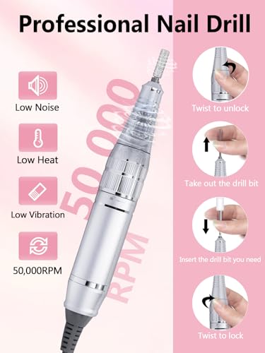 Electric Nail Drill 50000 RPM - Rechargeable E-File Machine with 12 Bits, LCD Display, Low Noise, Home Manicure Kit