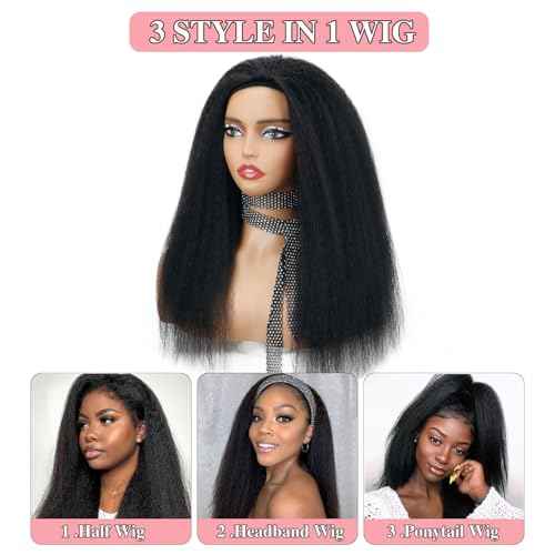 Nvnvdij Kinky Straight Half Wig Human Hair 200% Density Wear Go Glueless Wigs Human Hair 22 Inch Kinky Straight 3 In 1 Half Wigs for Women Drawstring Seamless Flip Headband Wig Beginner Friendly