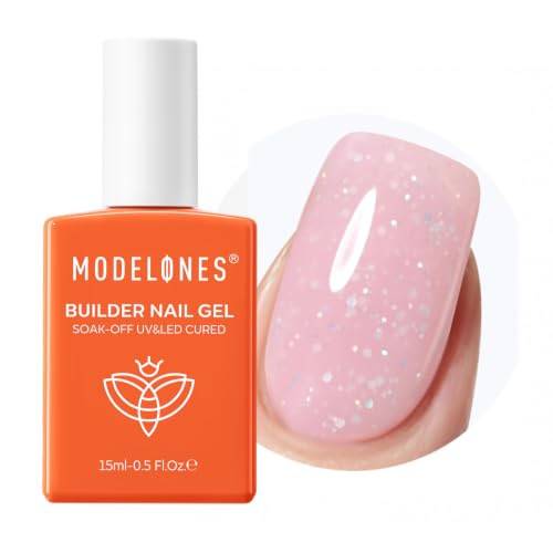 Modelones Builder Nail Gel B4-Pink Shimmer Nude Pink Glitter Base Coat, 8-in-1 Nail Extension & Strengthening Gel