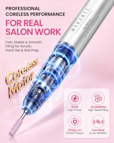 Makartt Professional Nail Drill - 35000 RPM E-File, Cordless & Quiet