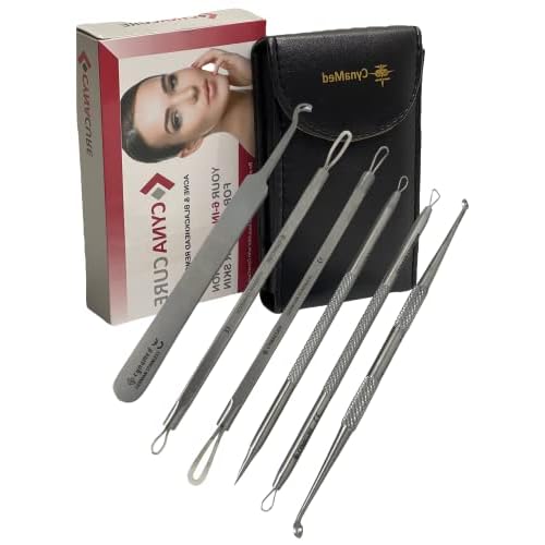 German Stainless Professional Set of 6- Blackhead Remover Comedones Extractor Acne Removal Kit for Blemish,Whitehead Popping, Zit Removing for Nose Face Tools-Blackhead Removal w/Zipper Leather case