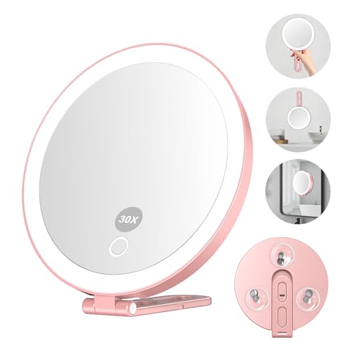 Mocado 30X Magnifying Lighted Makeup Mirror - Rose Gold, 6" Large Surface, Suction Cup