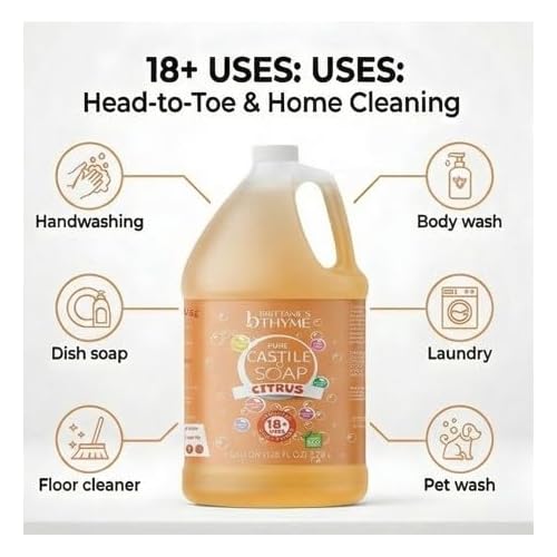 Brittanie's Pure Organic Castile Soap Refill, 1 Gallon Citrus | Liquid Soap for Face, Body, Hands, Dishes, Pets, Laundry | Vegan, Non-GMO, Gluten-Free, Biodegradable | Made in USA