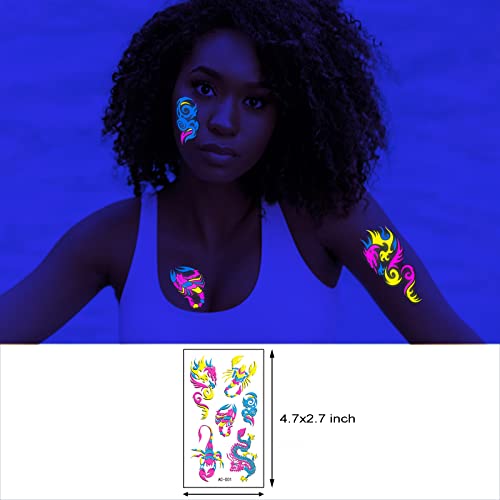 Neon Temporary Tattoos - 61 Glitter Styles, UV Glow, Waterproof