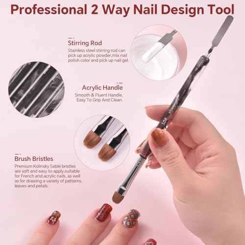 Kolinsky Sable Nail Brush French Nail Brush 2 Way Professional Gel Acrylic Nail Art Brush with Stirring Rod for French Manicure Cuticle Clean Up Nail Art Design Brush (10#)