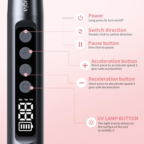 Professional Cordless Nail Drill and UV Light, 35000 RPM Electric Nail File Acrylic Gel Dip Powder Nail Tools, Portable Rechargeable brushless Nail Drill for Home & Travel, Gray(KY-9GJ)