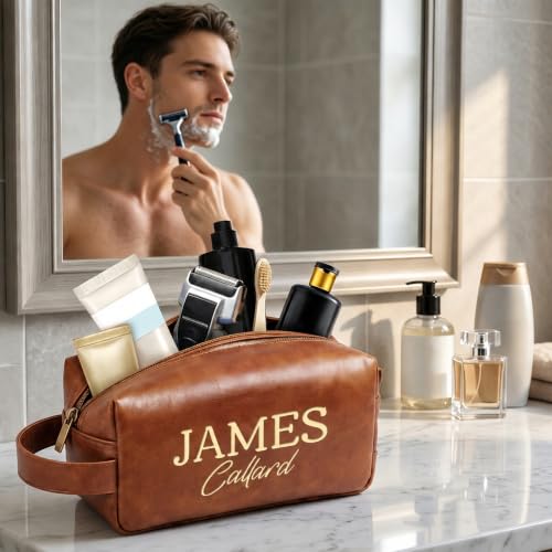 Giftoria Brown Personalized Men’s Toiletry Bag - Custom Leather Travel Organizer