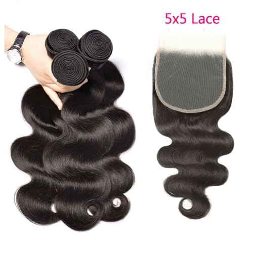 Body Wave Bundles with Closure Human Hair (14 16 18+12) 5x5 HD Closure Brazilian Human Hair 3 Bundles with Closure Unprocessed Virgin Hair Body Wave Bundles with 5x5 Lace Closure Free Part