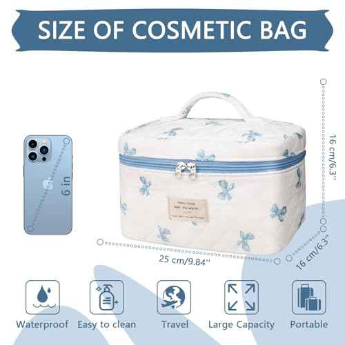Large Makeup Bag, Cute Cosmetic Bag for Women Girls, Floral Coquette Aesthetic Toiletry Bag, Travel Make Up Organizer Bag (White Blue Butterfly Flower)