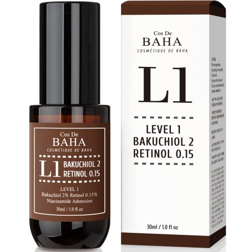 Cos De BAHA L1 Bakuchiol 2% + Retinol 0.15% Face Serum 1 Fl Oz ? Gentle Level 1 Retinol, Lightweight Aloe Based Night Serum for Smoother Looking Skin (30 ml)