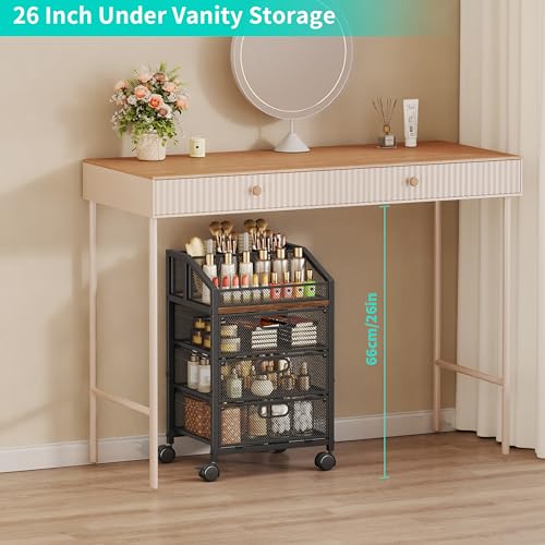 HapiRm Rolling Makeup Organizer Cart with 3 Drawers and Top Compartments, Under Desk Vanity Storage, Black