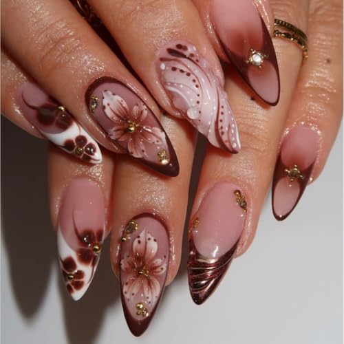 Brown French Tip Press On Nails - Medium Almond 5D Flower Design 24Pcs