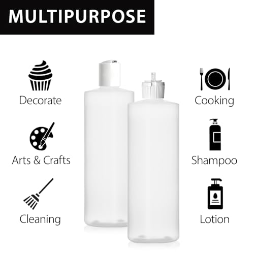 Bar5F Plastic Bottles, 16 oz, 3-Pack with 6 Caps, BPA-Free HDPE, Empty Squeeze Dispensing Multipurpose Containers