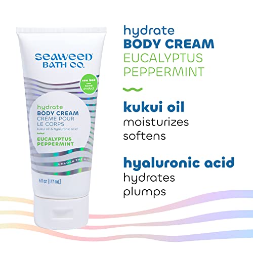 Seaweed Bath Co. Hydrate Body Cream, Eucalyptus Peppermint Scent, 6 Ounce, Nourishing Hand & Body Lotion Moisturizer for Dry Skin, with Sustainably Harvested Seaweed, Kukui Oil, Hyaluronic Acid