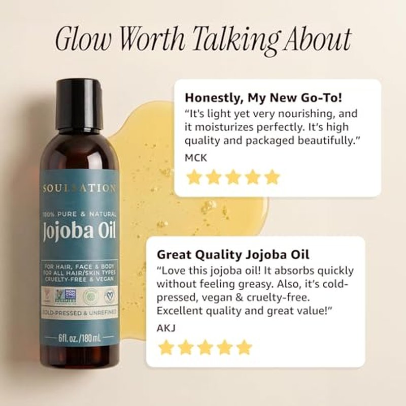 SOULSATION 100% Pure Jojoba Oil - 4oz Cold Pressed Moisturizer for Skin, Hair & Body