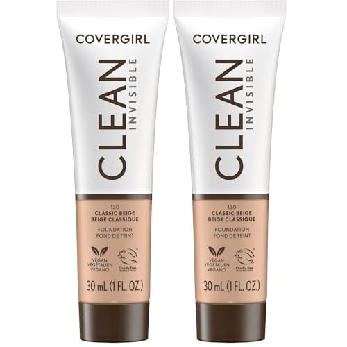 COVERGIRL Clean Invisible Foundation Makeup, Dewy & Glowy Natural Finish, Buildable Coverage, Skin-Like Smooth Look, Vegan, Classic Beige, 1oz (Pack of 2)