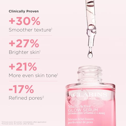 Clarins Multi-Active Brightening Glow Serum with Vitamin C + AHA | Visibly Brightens, Evens Tone, Smooths Texture + Refines Pores* | All Skin Types | 1 Fluid Ounce