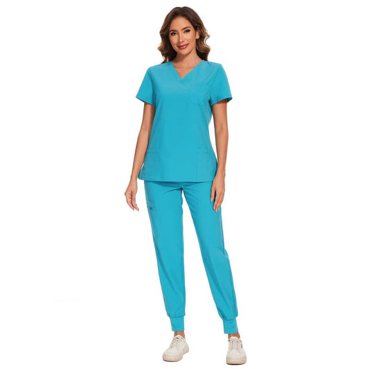 COZYFIT Scrubs for Women Set - Stretch V-Neck Scrub Top & Jogger Pant with 8 Pockets, Yoga Waistband, Anti Wrinkle, Slim Fit Women Scrubs - Teal, XS