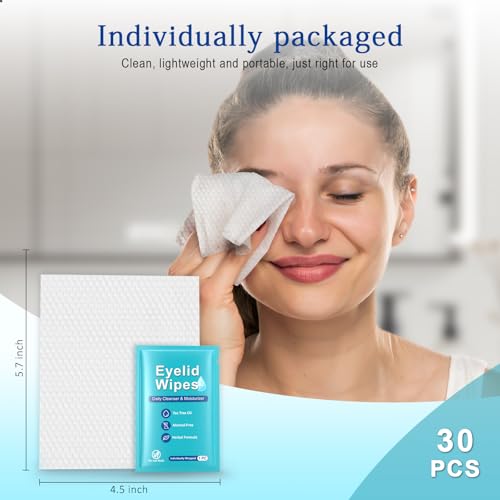 30PCS Tea Tree Oil Eyelid Cleansing Wipes,For Dry Eyes Daily Eye Care&Makeup Remover with Physiological Saline Removing Oil and Debris from Eyelids, Rinse Free Individually Wrapped Travel Essentials