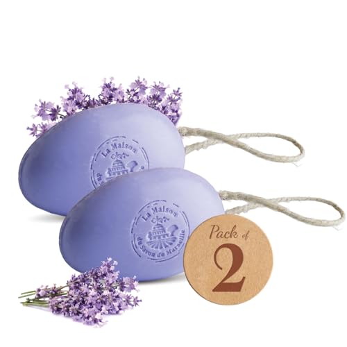 La Maison du Savon - Lavender French Soap on a Rope Duo - Moisturizing Hand & Body Soap Bars with Organic Shea Butter & Donkey Milk, Solid Soap Made in Provence - 2 x 6.2 Oz/175g