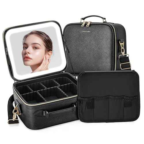 Travel Makeup Bag with LED Mirror, Portable Cosmetic Case Organizer with Lighted Mirror, Waterproof Makeup Case for Cosmetic Brush Holder Storage, Black Toiletry Bag for Women Gift