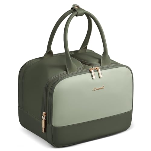 LOVEVOOK Light Green Leather Travel Toiletry Bag for Women - Waterproof Makeup Organizer, Large Capacity, Wide-Open Design, Small Size