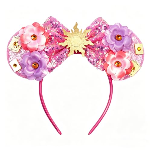 bianbaistar Pink Sun Flower Mouse Ears Headband with Sequin Bow – Stretchy Adult Headband