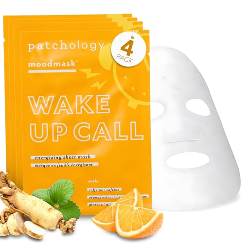 Patchology Wake Up Call Caffeine Facial Sheet Mask ? Hydrating Face Mask with Caffeine, Orange Extract & Ginseng ? Helps Refresh and Depuff Skin in 10 Minutes ? Morning Skincare (4 Count)