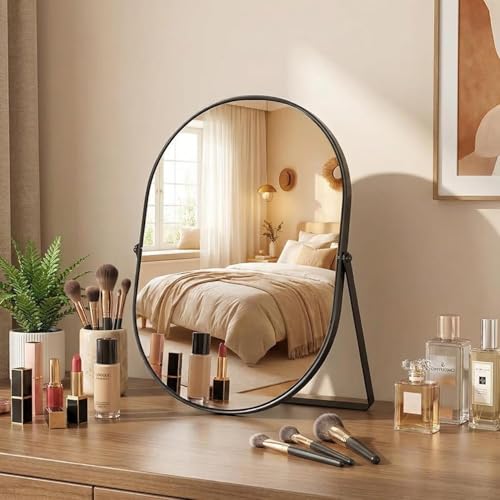 Oval Vanity Mirror with Adjustable Stand - Black Metal Frame