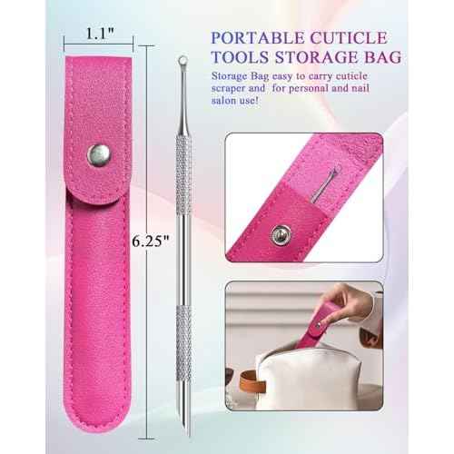 Loop Cuticle Pusher, Pre-treatment Cuticle Pusher, Stainless Steel Round Cuticle Pusher with 100#/240# Grit Nail Files and 1p Storage Bags, For Salon & Home Use