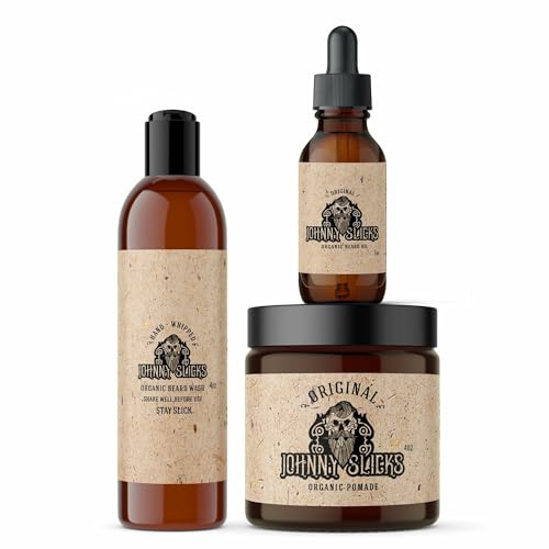 Johnny Slicks Thinning Hair Kit | Oil Based Pomade, Beard Oil & Beard Wash | 100% Organic, USA Made, Veteran Owned (Itch, Dandruff, Healthy Hair Growth, Grooming), Rugged Scent