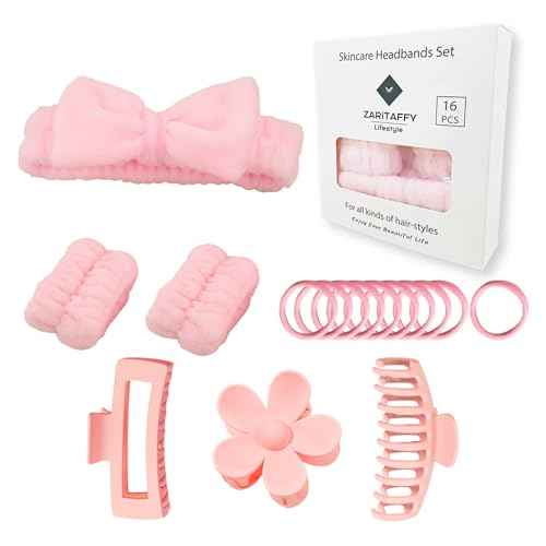 16pcs Skincare Headband Set, Headband Set for Face Washing Spa and Makeup, Including 1 Hairband, Wristband, 3 Hair Claw Clips and 10 Hair Ties, with Box, Gift for Women and Girls, Pink