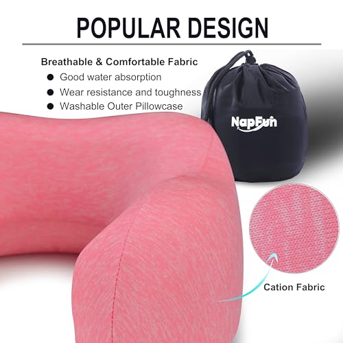 napfun Neck Pillow for Traveling, Upgraded Travel Neck Pillow for Airplane 100% Pure Memory Foam Travel Pillow for Flight Headrest Sleep, Portable Plane Accessories, Rose