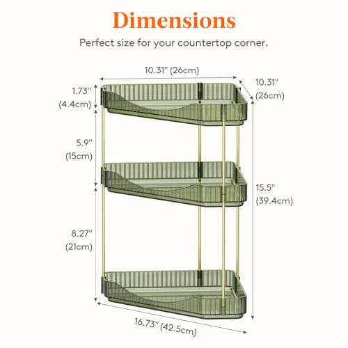 Lifewit 3-Tier Corner Bathroom Counter Organizer, Plastic Makeup Skincare Organizers Storage Countertop, Large Sink Cosmetic Perfume Shelf for Bedroom, Dresser, Kitchen, Vanity, Green, 39 cm/15inch(H)