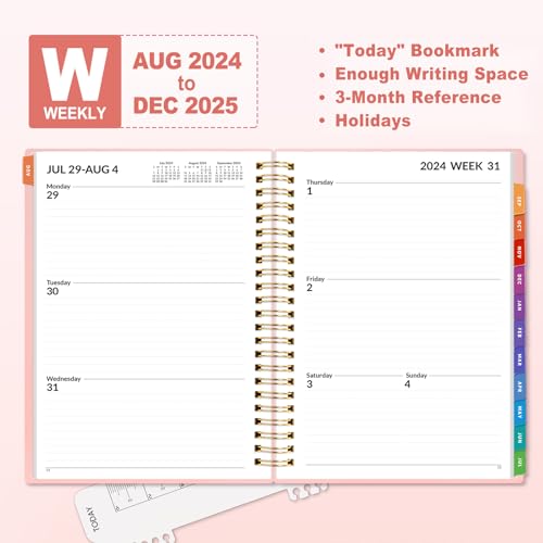 SUNEE Academic Planner 2024-2025 Weekly and Monthly - from August 2024 - December 2025, 6.4"x8.3" School Year Calendar Daily Planner with Monthly Tab, Flexible Cover, Note Pages, Pockets, Bookmark, Spiral Binding, Pink