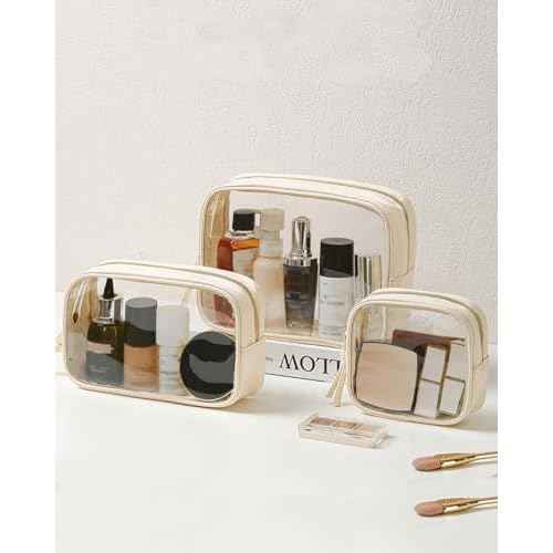 3Pcs Travel Clear Makeup Bag Set for Women, Transparent Toiletry Bag with Zipper Portable Makeup Pouch Organizer Waterproof Small Cosmetic Bag Compact Car Bag Organizer Car Accessories (White Set)