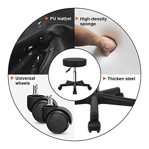 KKTONER Round Rolling Stool Height Adjustable PU Leather Swivel