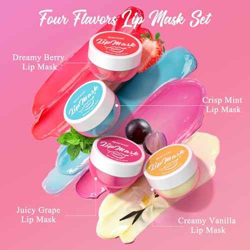 4 Pack Lip Mask Set, Hydrating Lip Mask Overnight - Berry, Grape, Mint, Vanilla Flavors, Lip Sleeping Mask Nourish Lip Balm with Vitamin C & Shea Butter | Dry Lips Care Gift
