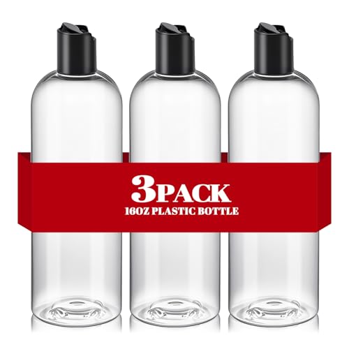 3 Pack 16oz Clear Refillable Squeeze Bottles with Disc Top Caps